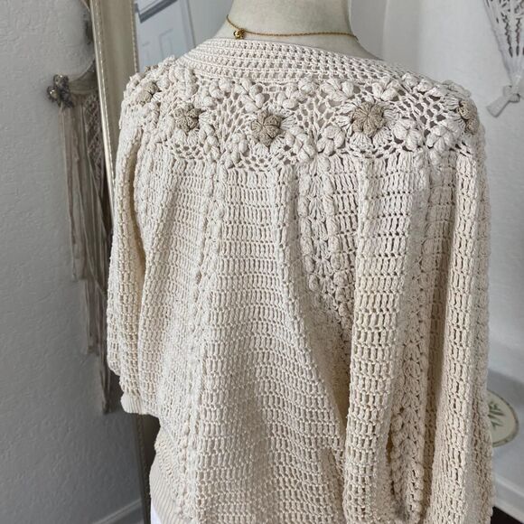 Boho Coquette Knit Cream White Boho Flower Crochet Bat Sleeve Boxy Top One Size - Picture 7 of 7